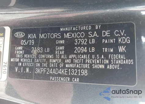 2019 Kia Forte Lxs из США, поврежденный, VIN 3KPF24AD4KE132198